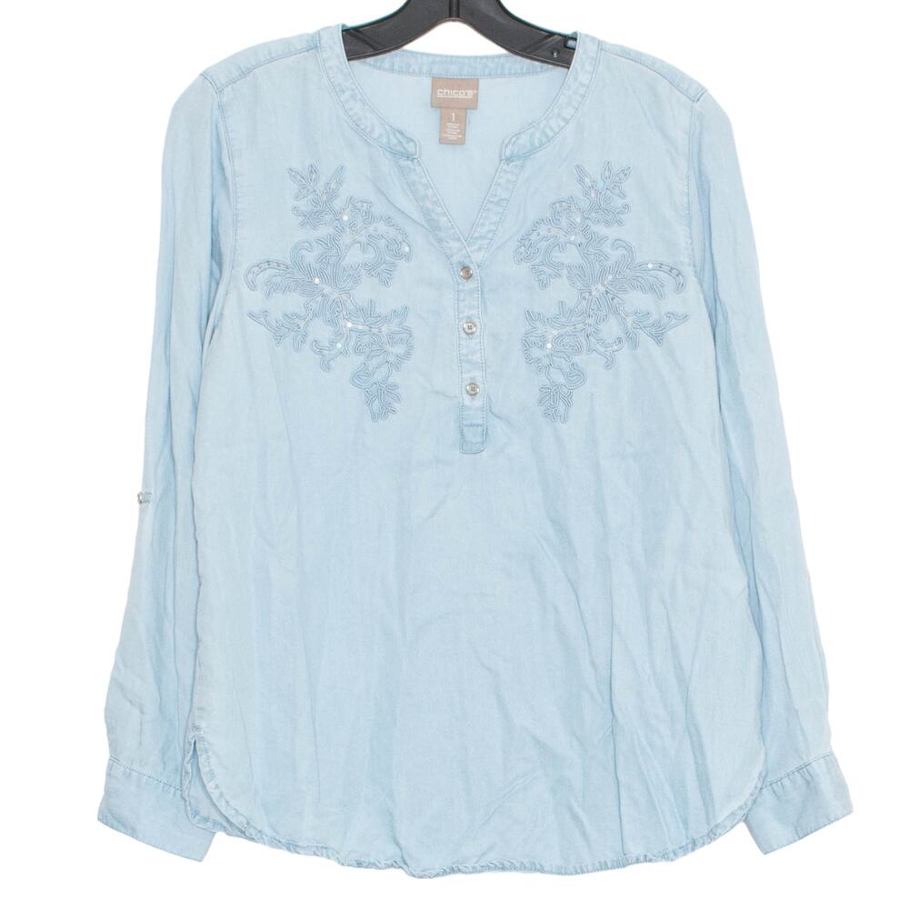 Chicos Top Boho Cottage Chambray Lyocell Embroidered Western Blue Sz 1 Medium 8
